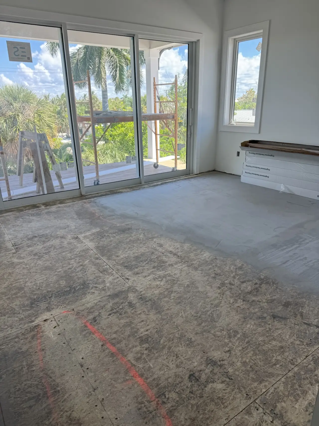 Before: Living room · same corner, slab to finished floor
