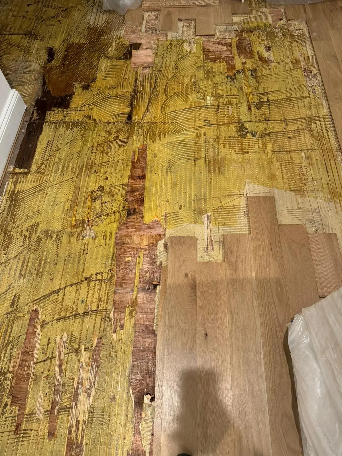 Prep · WAKOL PU 280 moisture barrier on the exposed plywood, left to dry fully.